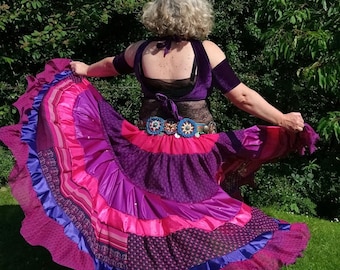 FCBD skirt, tribal belly dance skirt, tiered skirt, 25 yard pink and purple skirt, boho, pink and purple gypsy skirt, purple dance skirt,