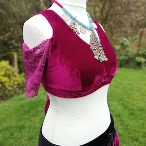 Deep pink velvet choli, stretch choli, tribal belly dance choli, magenta velour dropped shoulder choli, pink cold shoulder top, FCBD choli