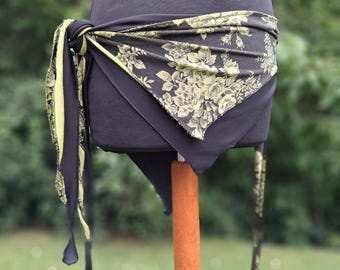 Black and Lime Floral Print Belly Dance Hip Scarf, Layered Lime and Black Velour Hip Scarf, Tribal Festival Wrap, Belly Dance Hip Belt