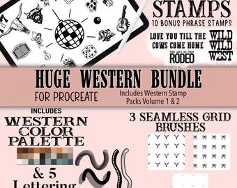Huge Western Procreate Stamp Pack, Procreate Brushes, Western Flash Tattoos, Color Palette, Cowprint, Procreate Tools, Disco Ball, Lettering