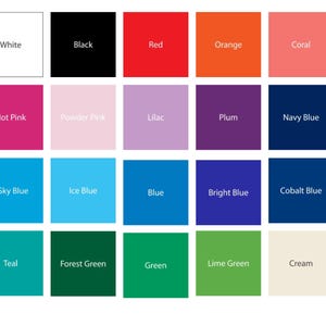 May include: A color palette featuring 20 different color swatches. The colors include white, black, red, orange, coral, hot pink, powder pink, lilac, plum, navy blue, sky blue, ice blue, blue, bright blue, cobalt blue, teal, forest green, green, lime green, and cream.