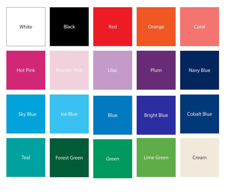 May include: A color palette featuring 20 different color swatches. The colors include white, black, red, orange, coral, hot pink, powder pink, lilac, plum, navy blue, sky blue, ice blue, blue, bright blue, cobalt blue, teal, forest green, green, lime green, and cream.