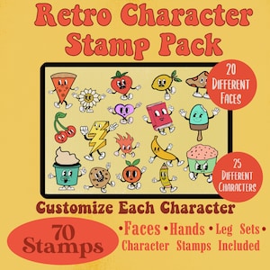 70 Retro Stamp, Build your own Character, Procreate Cartoon Face Sets, Retro Characters, Groovy, Procreate Brushes, Mascot Logo Maker