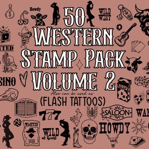 Western Procreate Stamps Volume 2, Procreate Brushes, Western Flash Tattoos, Cowboy Clipart, Cowprint Clipart, Procreate Tools, Bull