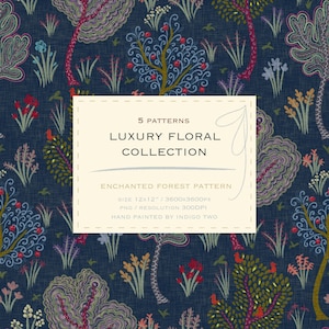 May include: A dark blue floral pattern with stylized trees, flowers, and foliage. The design includes a cream-colored rectangle with the text "5 PATTERNS LUXURY FLORAL COLLECTION ENCHANTED FOREST PATTERN". The pattern is hand-painted.