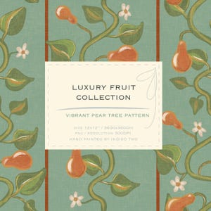 Peut inclure: Motif répété de poires oranges, de feuilles vertes et de fleurs blanches sur fond turquoise. Le design comprend des rayures verticales de couleur brun-rouge. Le texte indique "LUXURY FRUIT COLLECTION" et "VIBRANT PEAR TREE PATTERN".