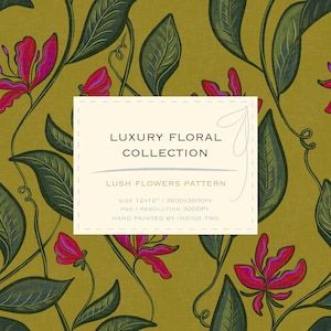 May include: A hand-painted floral pattern with a repeating design of magenta flowers and dark green leaves on a textured olive-green background. The text on the image reads "LUXURY FLORAL COLLECTION" and "LUSH FLOWERS PATTERN".