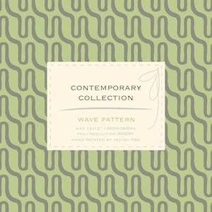 May include: A repeating wave pattern in gray on a light green background. The design is labeled "Contemporary Collection" and "Wave Pattern." The image is hand-painted and has a resolution of 300 DPI.