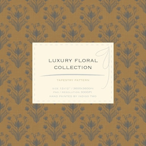 May include: A tapestry pattern featuring a repeating floral design in blue-grey on a mustard yellow backdrop. A cream square contains the text "LUXURY FLORAL COLLECTION" and other details. The pattern size is 30.48cm x 30.48cm.