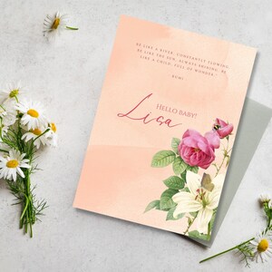 Pasgeboren kaart, sjabloon geboorteaankondiging, babykaart, downloadbare sjabloon, bloemen babykaart, instant download, geboortekaart baby, quote Rumi