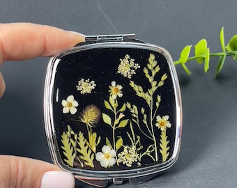 Espejo compacto cuadrado con flores prensadas / Regalo de viaje hecho a mano