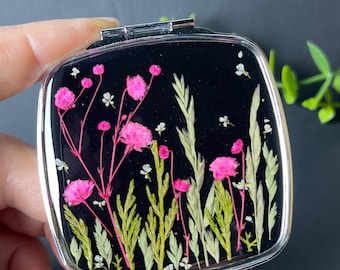 Handgemachter Taschenspiegel mit gepressten Blumen, botanischer Harz kompakt, echte getrocknete Wildblumen