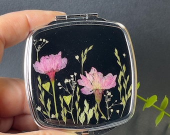Espejo de bolsillo hecho a mano con flores reales / Espejo floral compacto de resina para uso diario