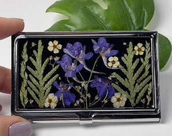 Business Card Holder with Real Flowers, Resin Metal Card Case, Botanical Gift