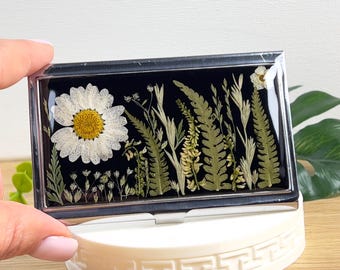 Handmade Business Card Holder with Pressed Daisy and Forest Fern