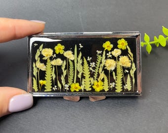 7-Day Pill Box with Mirror and Real Dried Flowers in Resin