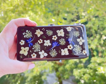 Handmade Resin Pill Box, 14 Compartment Organizer, Real Dried Flowers Botanical Design
