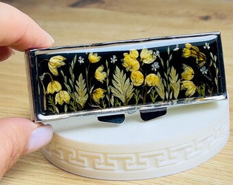 Botanical Floral Pill Box Organizer, 6 Compartment Metal Travel Case