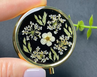 Handmade Resin Pill Box – Gold Travel Case with Dried Flowers