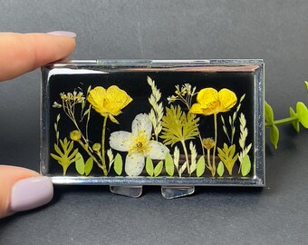 7-Day Pill Box with Mirror,Handmade Floral Resin