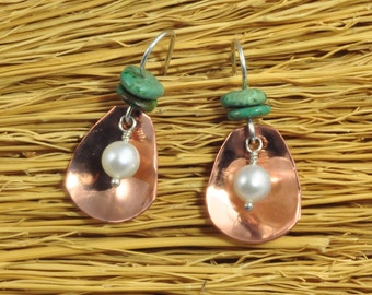 Pearl In The Oyster earrings - Cultured Freshwater Pearls, Sterling silver wire, copper, turquoise.