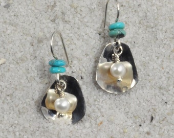 Pearl In The Oyster earrings - cultured freshwater pearls, Sterling silver, turquoise