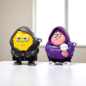 May include: Two cartoon character-themed AirPod cases. One is yellow with a black hoodie, the other is pink with a purple hoodie and holding an ice cream cone. Both cases have a unique design and are on a white surface.