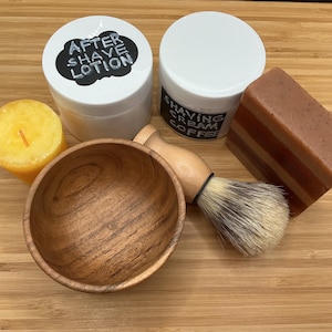 Father&#39;s Day Gift, Self-care set for men, gift for dad, men&#39;s care box- Shaving CREAM, after shave LOTION, shaving BRUSH, wood bowl, candle