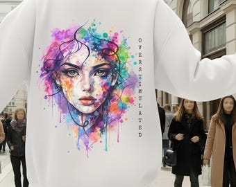 Hoodie met volledige ritssluiting, vrouwenportret met overprikkelde letters als aquarelprint, katoenen hoodie, abstract kleurrijk ontwerp