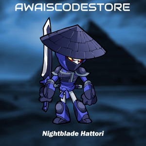Op de afbeelding: Een blauw en zwart cartoon ninja-personage met een brede hoed en een zwaard. Het personage heet "Nightblade Hattori".