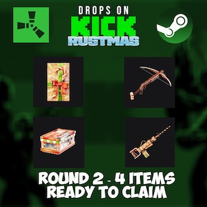 Puede incluir: Anuncio con fondo verde y las palabras "DROPS ON KICK RUSTMAS". Presenta cuatro imágenes de artículos: un regalo envuelto, una ballesta, una caja de regalo y un arma. También está presente el texto "ROUND 2 - 4 ITEMS READY TO CLAIM".