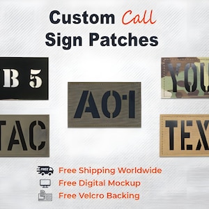 May include: Image features several custom call sign patches with various text and camouflage patterns. The patches include the text "VB 5", "A01", "YOUR", "JTAC", and "TEXT". The patches are in black, olive green, and tan colors.