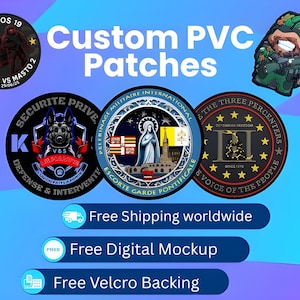 Puede incluir: Parches de PVC personalizados con varios diseños, incluyendo emblemas militares y de seguridad. Los parches presentan gráficos y texto detallados, con un fondo azul y turquesa. El texto "Custom PVC Patches" se muestra de forma destacada.
