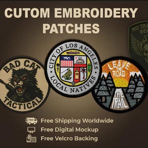 Puede incluir: Parches bordados personalizados con varios diseños. Incluye un parche con un gato negro y el texto "BAD CAT TACTICAL", un parche de la ciudad de Los Ángeles, un parche "LEAVE THE ROAD" y un parche de calavera con el texto "NO TRACE LEFT BEHIND".