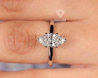 Anello di fidanzamento con diamante sintetico taglio marquise – D/VVS2, montatura a tulipano