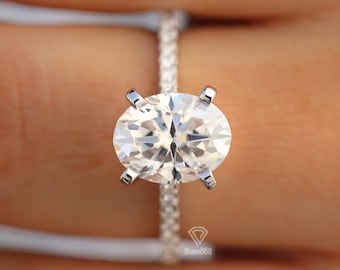 Oval Moissanite Diamond Ring, Oval Accented Solitaire Engagement Ring, Solid White Gold Ring, Side Stones Simple Wedding Ring, Diamond Ring