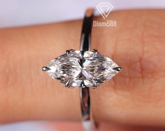 Anello di fidanzamento con diamante sintetico taglio marquise: 2 carati, colore D, purezza VVS2, certificato IGI.