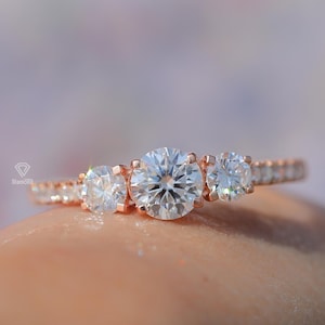Three Stone Moissanite Engagement Ring, Past Present Future Wedding Ring, 3 Stone Promise Ring, 14k Rose Gold Ring, Anniversary Ring For Her