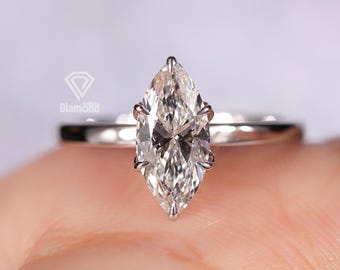 Anello di fidanzamento solitario Tulip in oro 14 carati con diamante sintetico a taglio marquise da 3 carati / D VVS2