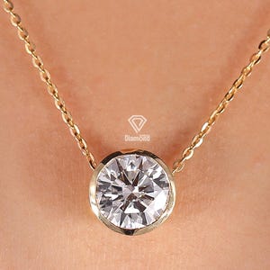 Round Solitaire Diamond Necklace, Bezel Set Lab Grown Diamond Necklace, 0.2-3CT Diamond Necklace, 14k Solid Gold Diamond Chain, Perfect Gift