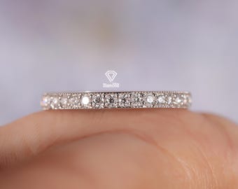 Anello nuziale vintage Full Eternity con diamanti coltivati in laboratorio e montatura bassa Milgrain