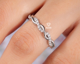 Anello nuziale con diamanti di laboratorio Infinity Twist Pave, fascia impilabile completa, anello abbinato