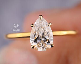 Anello di fidanzamento solitario con diamante a forma di pera, coltivato in laboratorio e certificato IGI, 2 carati, sottile, delicato e minimalista.