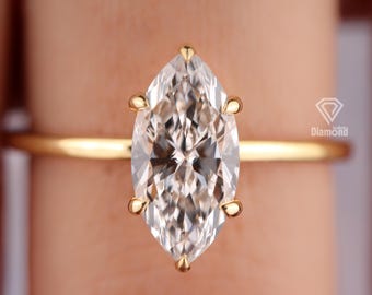 Anello di fidanzamento con diamante sintetico a taglio marquise da 2 carati e pavé di diamanti nascosto (incastonatura a 6 griffe)