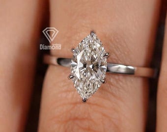 Anello di fidanzamento con diamante sintetico taglio marquise da 1 carato, colore D, purezza VVS2, montatura a tulipano.