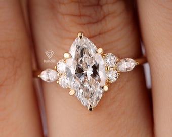 Anello di fidanzamento con diamante sintetico taglio marquise certificato IGI e anello di proposta Muse a 7 pietre