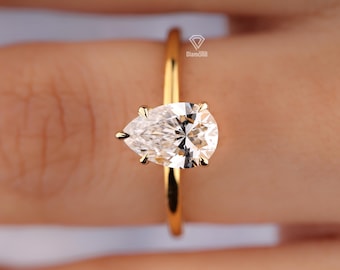Anello di fidanzamento solitario con diamante sintetico a forma di pera da 1 carato, certificato IGI, colore D, VVS2 (incastonatura a 5 griffe).