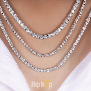 Lab Grown Diamond Tennis Necklace and Bracelet, 2mm To 6mm Round Cut Diamond, 16&quot;-24&quot; Length, Silver Lab Grown Diamond, Perfect For Her/Him