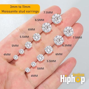 May include: A set of 10 pairs of silver stud earrings with clear round moissanite stones. The earrings are displayed on a hand, with each stone size labeled in millimeters, ranging from 4mm to 7.5mm. The text "Hiphop" is visible in the bottom right corner.