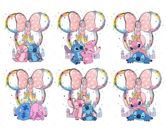 Watercolor Stitch and Angel Png, Stitch With Mouse Ear Castle Png, Cute Character Clipart Png, Colorful Castle Png, Digital File